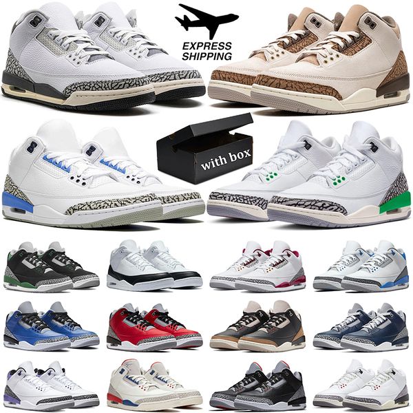 

with box 3s 3 men women basketball shoes racer blue black cat unc pine green white cement varsity royal rust pink mens trainer sports sneake, White;red
