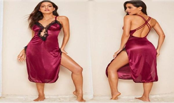 

ladies silk satin night dress sleeveless nighties vneck nightgown summer nightdress lace night gown sleepwear for women6549958, Black;red