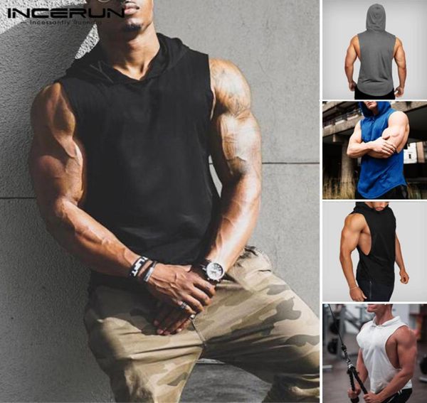 

2020 men tank tees sleeveless hooded casual streetwear fitness breathable solid vest bodybuilding blouse summer men ince2121196, White;black