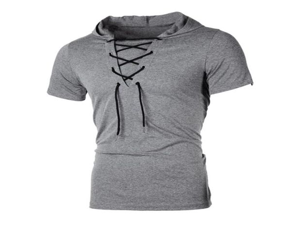 

men t shirt summer personality hooded tees lacing short sleeve tshirt homme slim fit sportwear clothing mens tshirt my1049572806, White;black