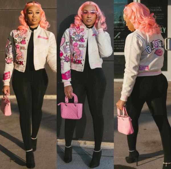 

clothing ladies single breasted short style women outerwear baseball rib long sleeve printed streetwear jacket7161338, Black