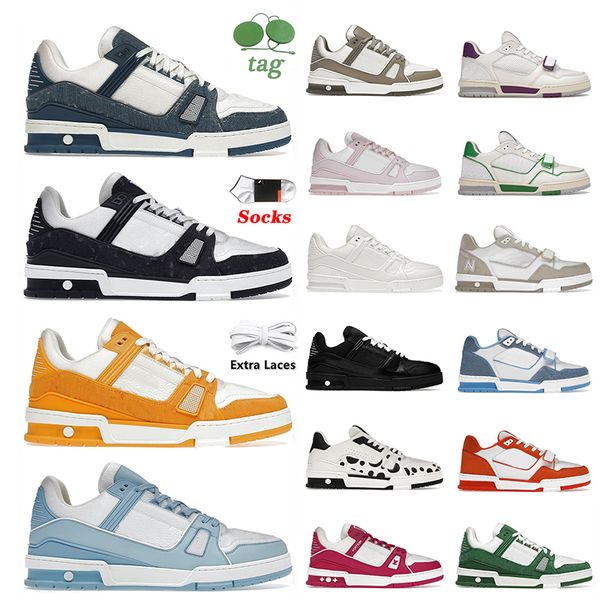 

2024 monograms denim designer shoes women mens luxury virgil embossed abloh pink blue white black calfskin leather trainer loafers platform