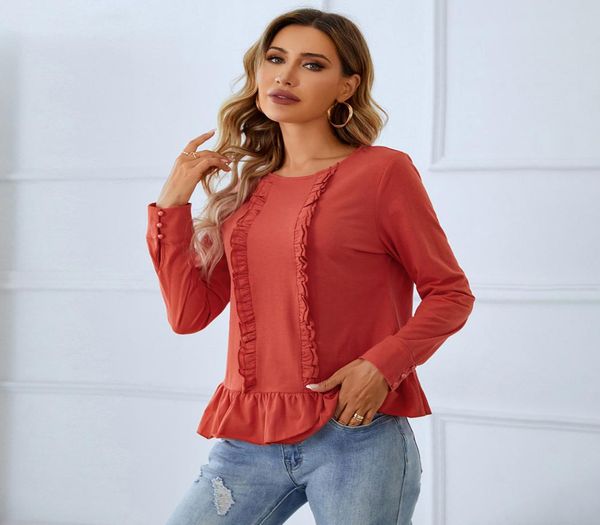 

autumn new european and american women039s dress splice wood ear edge lace round neck versatile long sleeve shirt women2966696, White