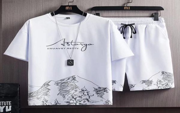 

short sve tshirt men039s summer new snow mountain printing fashion trend korean slim fit large sports twopiece set6129381, Gray