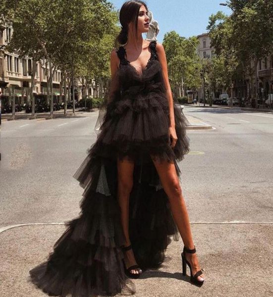 

vestido de gala black prom long dresses high low aline tiered tulle vneck spaghetti straps low back evening gowns6452993