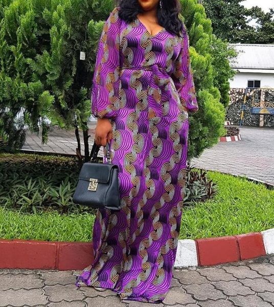 

purple pattern printed vneck floorlength maxi dress african women lace up casual loose autumn fall long sleeve ladies dresses y21245323, White;black