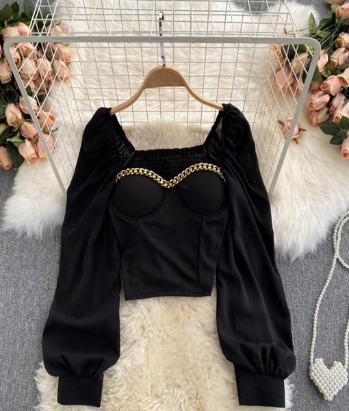 

autumn women sweaters blackwhite blouse square collar lantern long sleeve short female elegant party shirt female blusa3925219, White;black