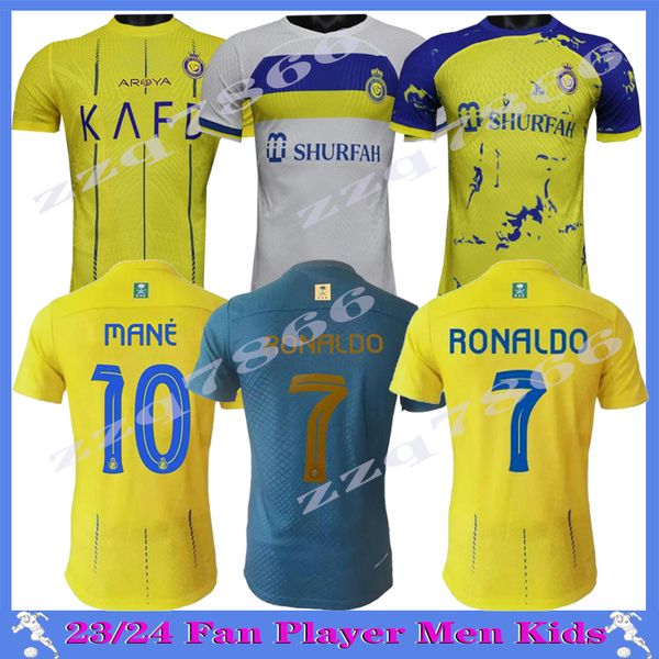 

23 24 al nassr fc soccer jerseys ronaldo 2023 2024 home yellow away cr7 gonzalo mane martinez talisca fans player version men kids kit footb, Black;yellow