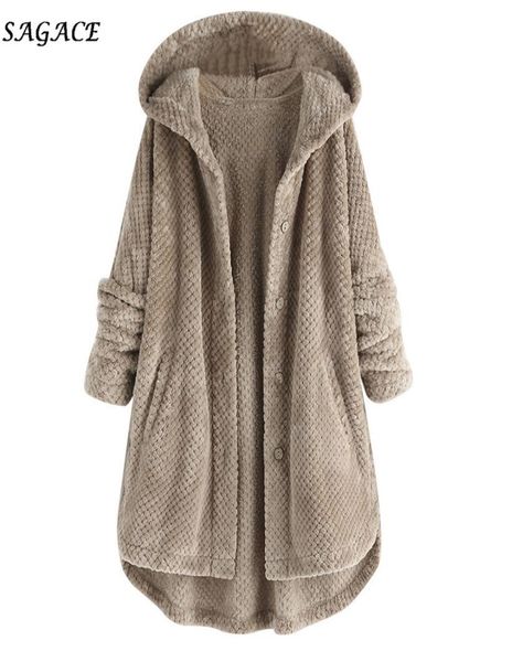 

sagace clothes coats women winter warm coat hooded plus size fleece irregular long sleeve button pocket solid jacket hooded coat c9477201, Black;brown
