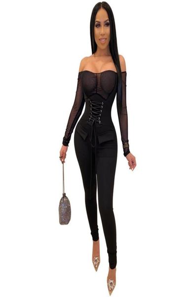 

seethrough women jumpsuits corset long sleeve off shoulder bodycon playsuit party jumpsuit romper lace up trousers womens1417538, Black;white