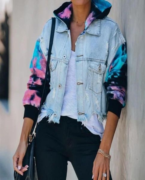

fashionable women denim jacket tiedye print patchwork coats streetwear lady039s turn down collar singlebreasted ripped tassle1104777, Black;brown