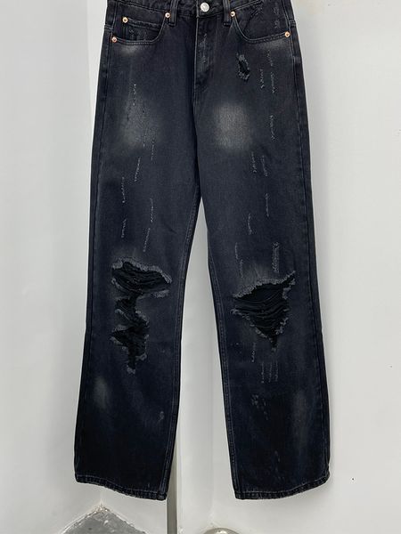 

women's jeans vintage fashion original highquality washed distressed holed design famous brand highend luxury straight denim pants 2308, Blue