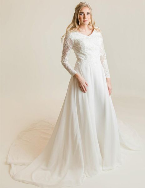 

ivory aline modest wedding dresses with long sleeves buttons back v neck lace chiffon lds bridal gowns sleeved custom made weddin8973769, White