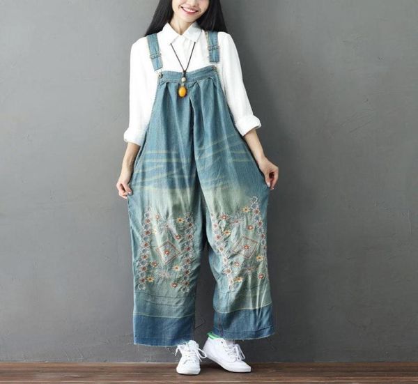 

2021 spring autumn denim casual jumpsuits women embroidered wide leg pants female loose overalls jeans big size women039s8925384, Blue