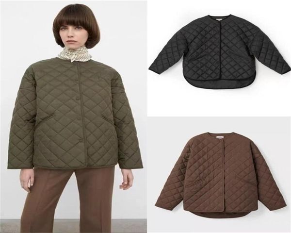 

womens jackets have lable toteme coat winter diamond texture button design loose round neck cotton jacket 2210199261844, Black;brown