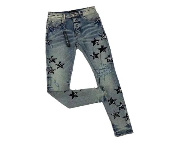 

hm580 mens jeans distressed motorcycle biker jean rock skinny slim ripped hole stripe fashionable snake embroidery de7052149, Blue