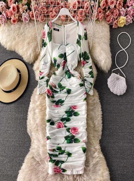 

casual dresses 2022 summer autumn ruched stretch women midi sheath bodycon dress rose floral print elegant party mesh robe fe1894535, Black;gray