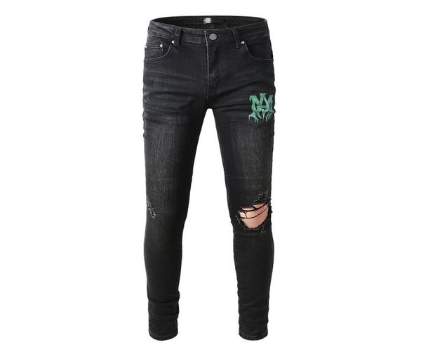 

men039s jeans denim casual trousers micro stretch 100 cotton letter print skinny knee ripped denim8447171, Blue