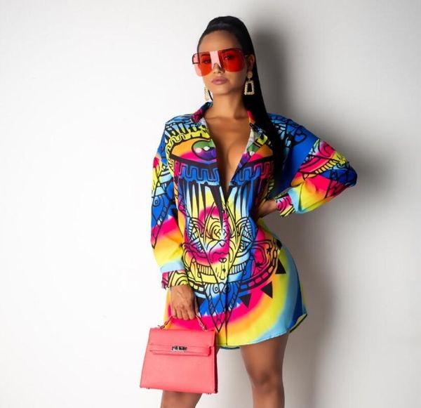 

women long sleeve colorful shirt dresses v neck eye print eliegent autumn clothing curve hem party shirts1753070, White