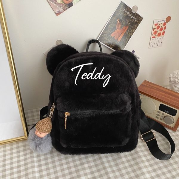 

school bags custom korean mini backpack for girls cute bear ears plush women faux fur shoulders bag furry ladies bagpack 230821