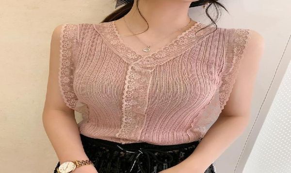 

summer nww women sleeveless v neck knitting camisole tanks women039s hollow lace bottoming t shirt 12994791, White