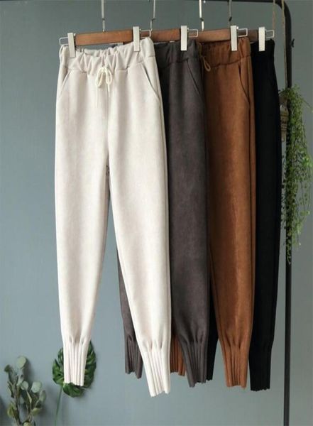 

women039s harem pants with pocket leather suede high waist women sweatpants 2019 spring autumn casual loose trousers female pan3830212, Black;white