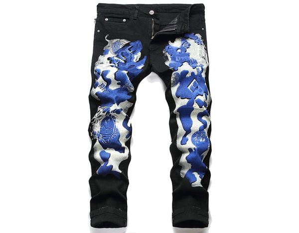

fashion slim stretch pattern print black jeans streetwear hip hop pants brand nightclub hipster denim trousers male clothing7130395, Blue