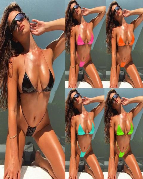 

women039s swimwear micro bikini string vinyl women thong bathing suit halter solid color swimsuit side tie gstring set 2083978327246, White;black