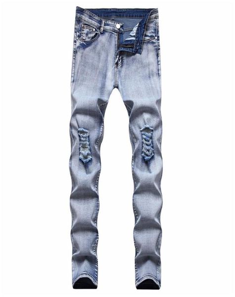 

men039s jeans streetwear men autumn winter solid color slim stretch casual mid waist ripped with denim straight pants6667098, Blue