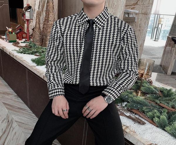 

men039s casual shirts autumn houndstooth for men loose streetwear shirt long sleeve social party male clothing camisas para hom3313773, White;black