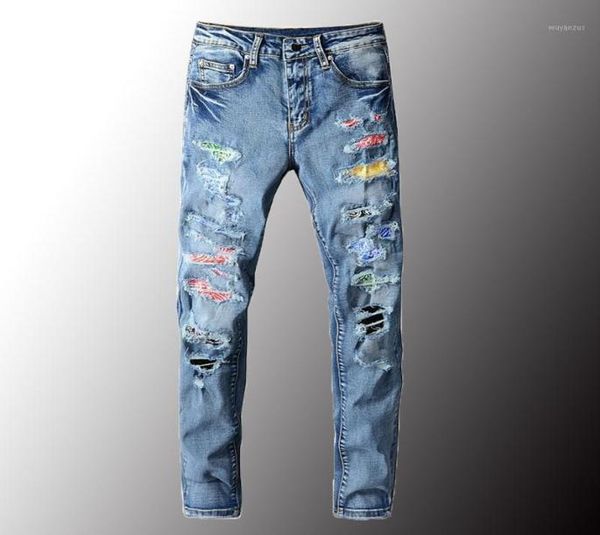 

men039s jeans bandana paisley printed patchwork streetwear slim skinny stretch denim pencil pants holes ripped trousers 402857217, Blue