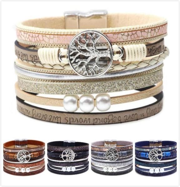 

tree of life leather cuff bracelet engraved wrap bangle with pearl for women teen girl boy gift7230654, Golden;silver