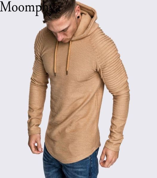 

moomphya ragan sleeve hooded men t shirt pleated sleeve tshirt men longline curved hem hip hop slim tshirt streetwear 6612578, White;black