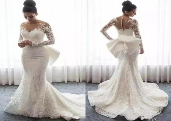 

lace mermaid wedding dresses sheer neck long sleeves appliques saudi arabic wedding gowns with attachable train bridal dresses1669908, White