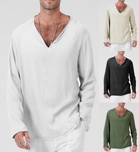 

v neck mens t shirts full sleeves linen cotton long sleeve tshirt men gothic hippie clothing loose male t shirt autumn9368158, White;black
