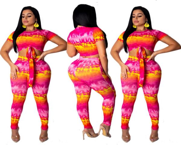 

women tie dye two piece pants outfits stretchy print short sleeve bandage crop long pant set for club party rose red8137666, White