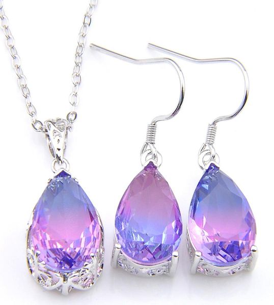 

luckyshine 5 setslot light purple tricolored tourmaline crystal zircon 925 silver women holiday gift pendant necklace earring je3566760
