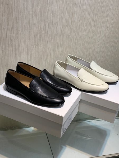 

women's shoes the row adam loafer genuine real leather classic loafers grained 100% leather tonal piping stacked heel black ivory italy