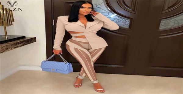 

women039s two piece pants vazn new 2022 fashion casual street style women suit long sleeve lapel elastic long pants pure co7527392, White