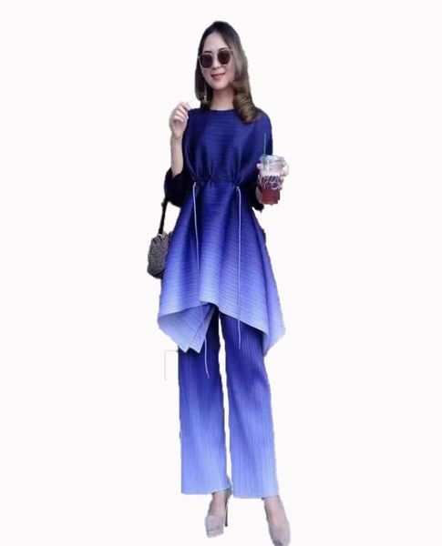 

women039s two piece pants spring autumn miyake pleated fashion loose gradient suit waist rope design high temperament s can be9704686, White