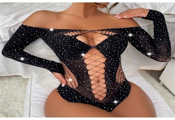 

womens jumpsuits rompers body stocking fishnet bodysuit long sleeve crystal diamonds dress bodystocking lingerie 2211139733764, Black;white