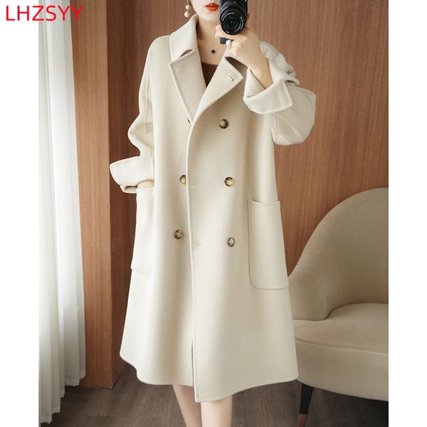 

womens wool blends lhzsyy doublesided cashmere coat ladies long jacket autumn winter highend pure cardigan large size 230818, Black