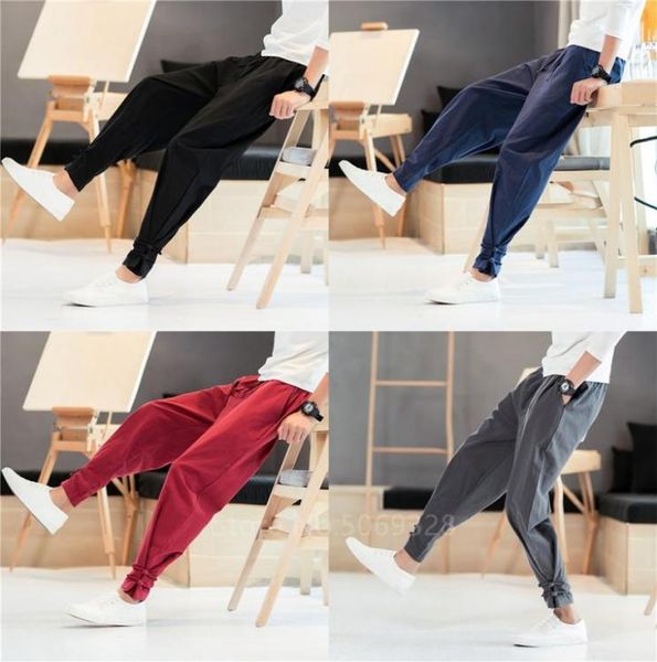 

men pants japanese style samurai kimono homme clothing cardigan chinese solid cotton loose plus bottoms trousers1110025, Red