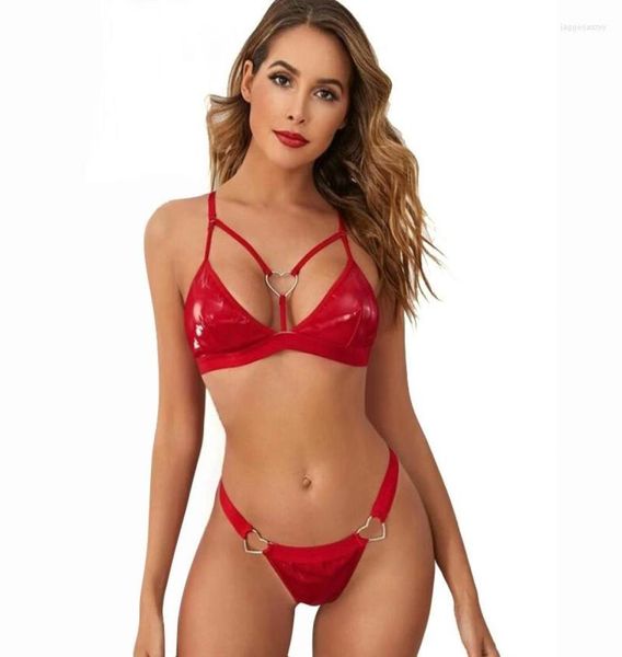 

bras latex sexi women bra harness bustier corset bikini lingerie set pu leather red thong erotic underwear ladies panties5045062, Red;black