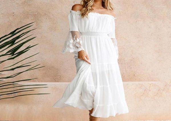 

summer fashion white dress beach women off shoulder lace patchwork solid color long flare sleeve maxi casual dresses8601256, Black;gray