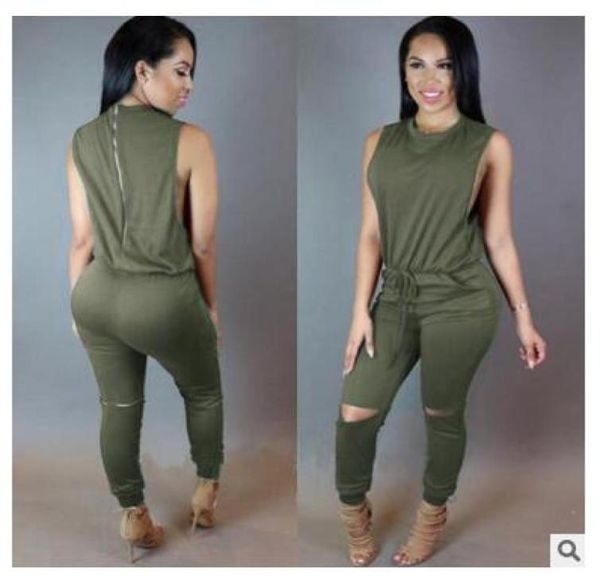 

women hole sleeveless bandage lace up jumpsuit casual rompers overalls for female women oneck zipper jumpsuits women summer6166350, Black;white