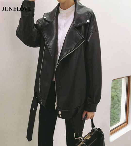 

junelove loose pu faux leather jacket vintage women classic moto biker jacket casual autumn lady basic coat fashion outerwear6815333, Black;brown
