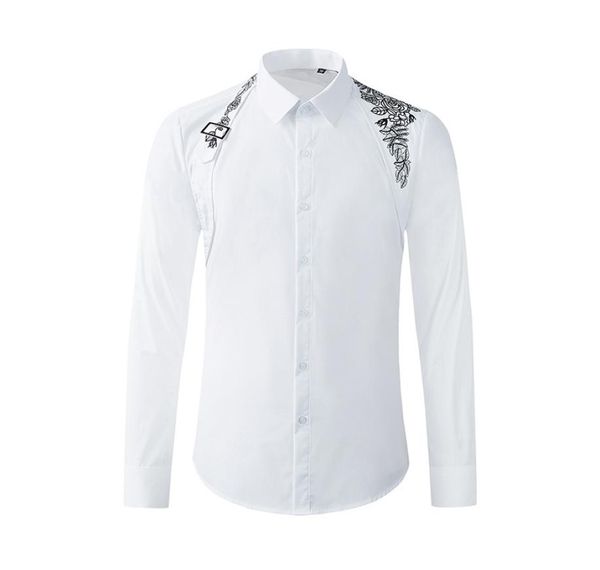 

metal buckle ribbon over the shoulder men shirt long sleeve slim chemise homme highend pure cotton business male dress shirts3457046, White;black