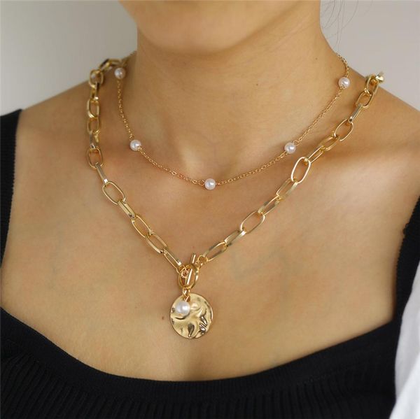 

punk pearl coin lariat pendant necklace for women fashion imitation pearl choker necklac thick chain necklace wedding jewelry4184406, Silver