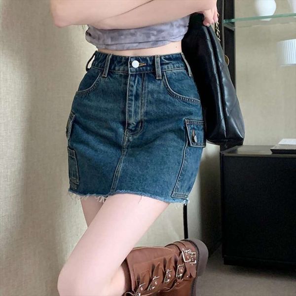

item title fashioning pocket design denim skirt for women summer retro high waist slim a line short, Black